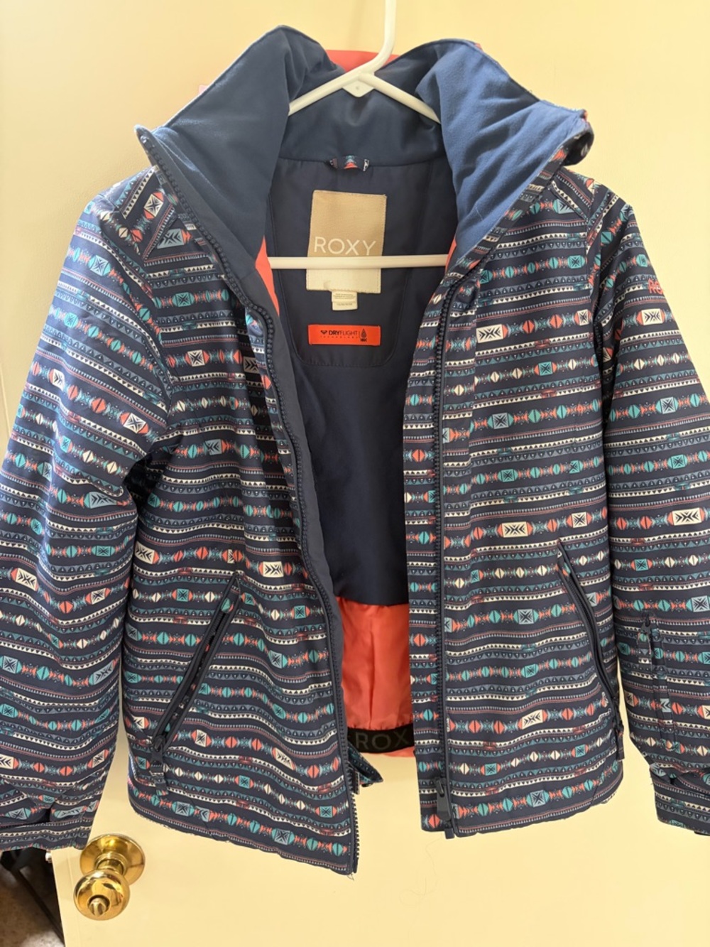 Roxy Girls' Navy Geometric Print Puffer Jacket with Teal & Coral Accents